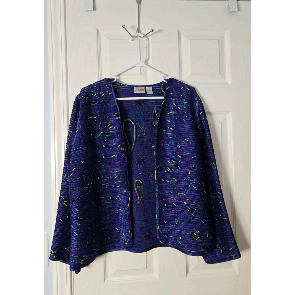Chico's Silk Open Jacket Womens Size M Purple Paisley Pleated Artsy Silk Office